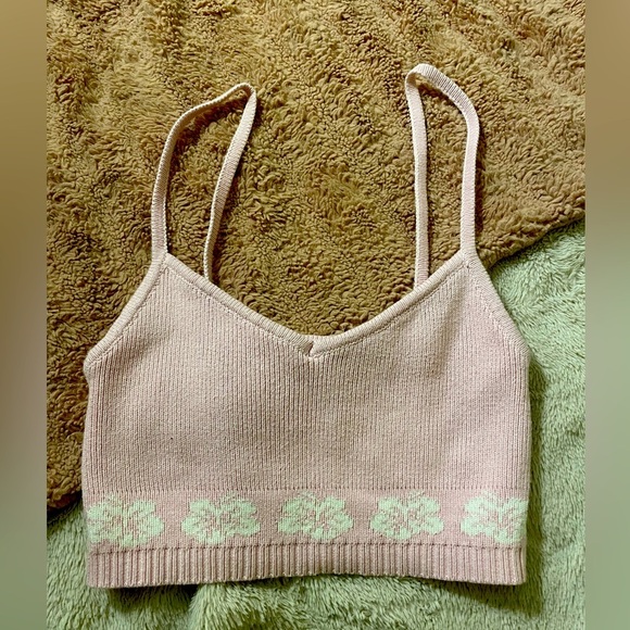 EUC Knit Pink Hawaiian Flower Lined 90s Style Crop Top - Picture 1 of 4